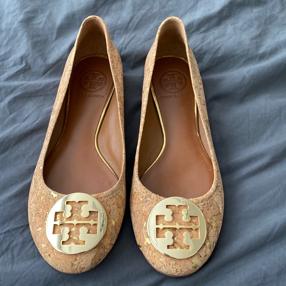 Tory Burch Cork and Gold Flats